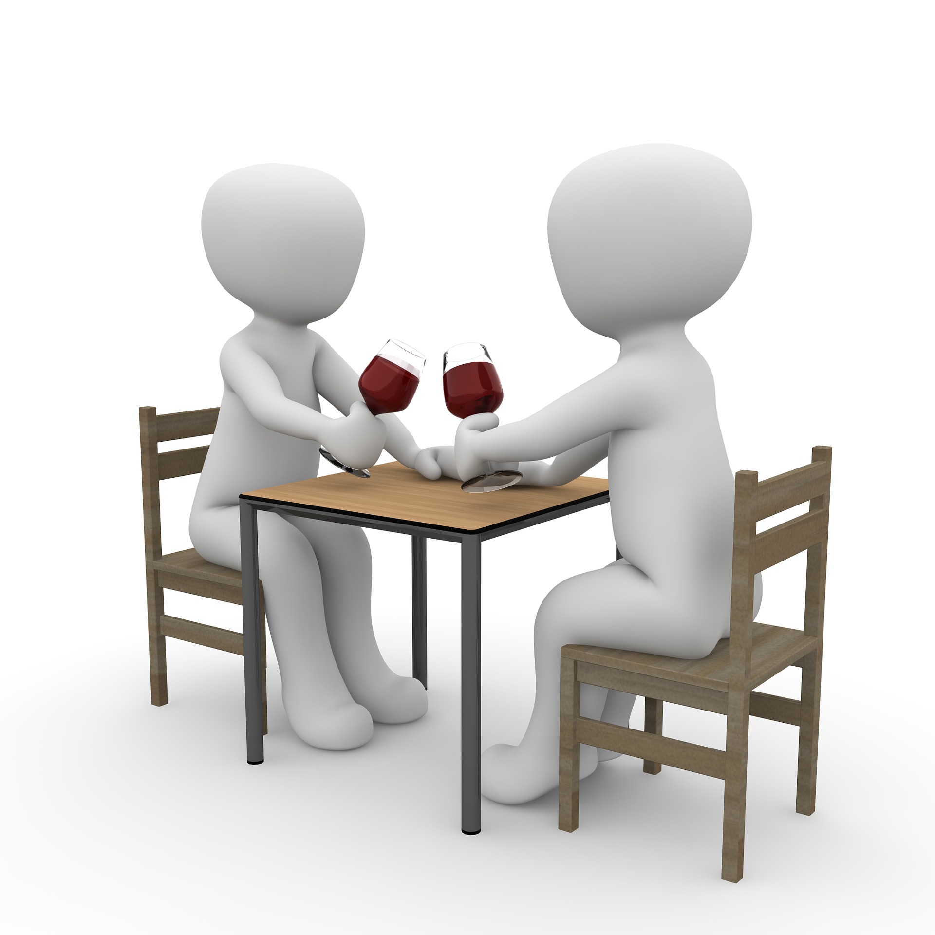 two human figures sit at a table holding glasses of red liquid