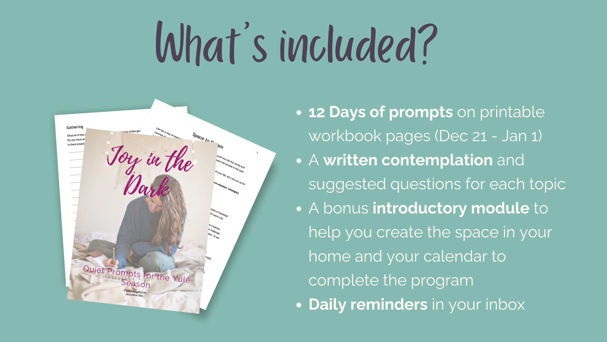 What's Included 

12 Days of prompts on printable workbook pages

Instructions and suggested questions for each topic

A bonus introductory module to help you create the space in your home and your calendar to complete the program

Daily reminders in your inbox