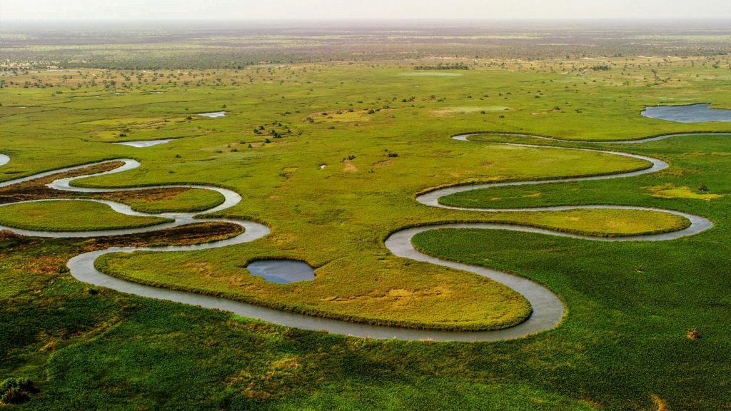 meandering river through grassy plain